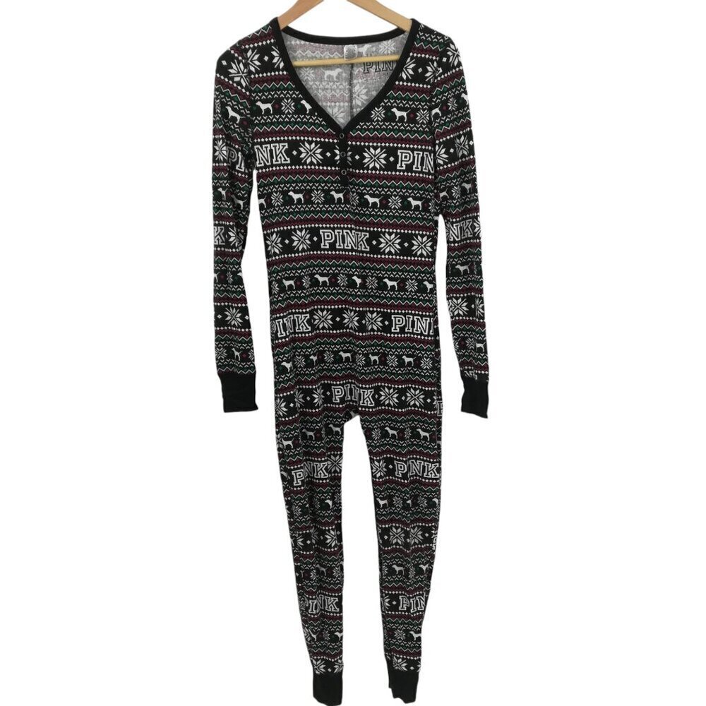 Victoria Secret PINK Thermal Union Suit Pajamas Size M Snowflake Waffle Knit